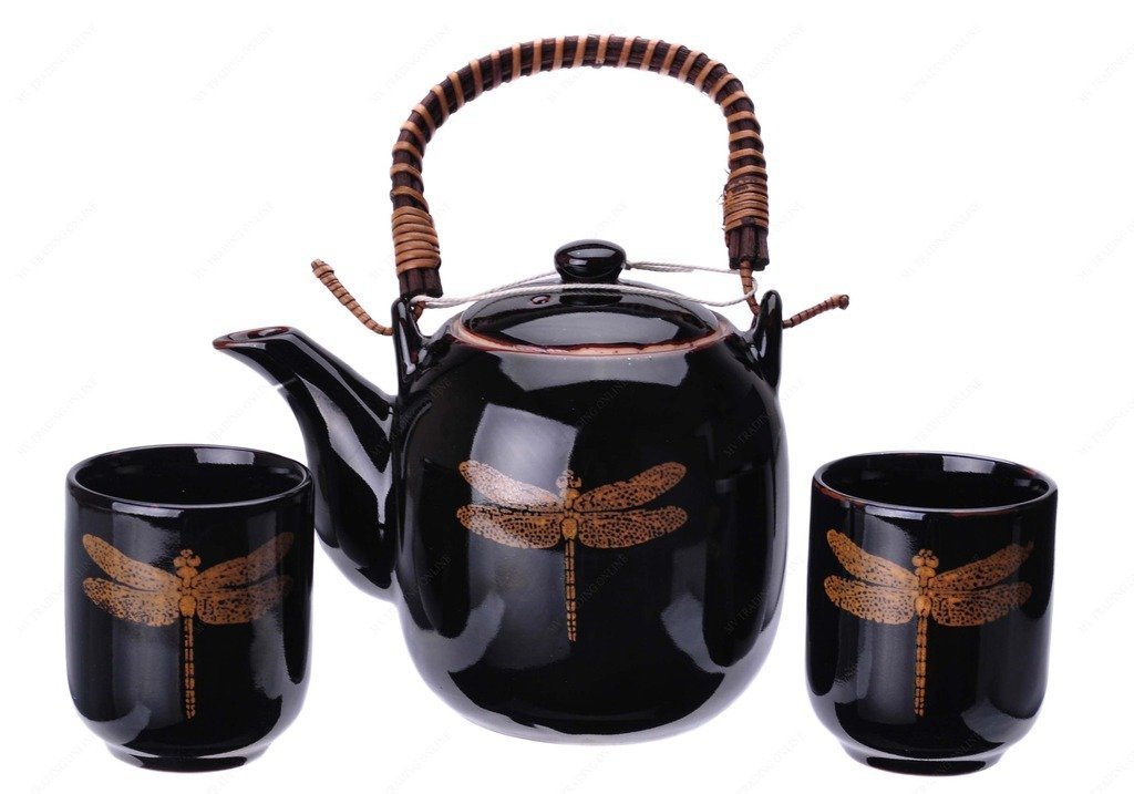 Kotobuki 110555 Japanese Black Porcelain Tea set with Gold Dragonfly