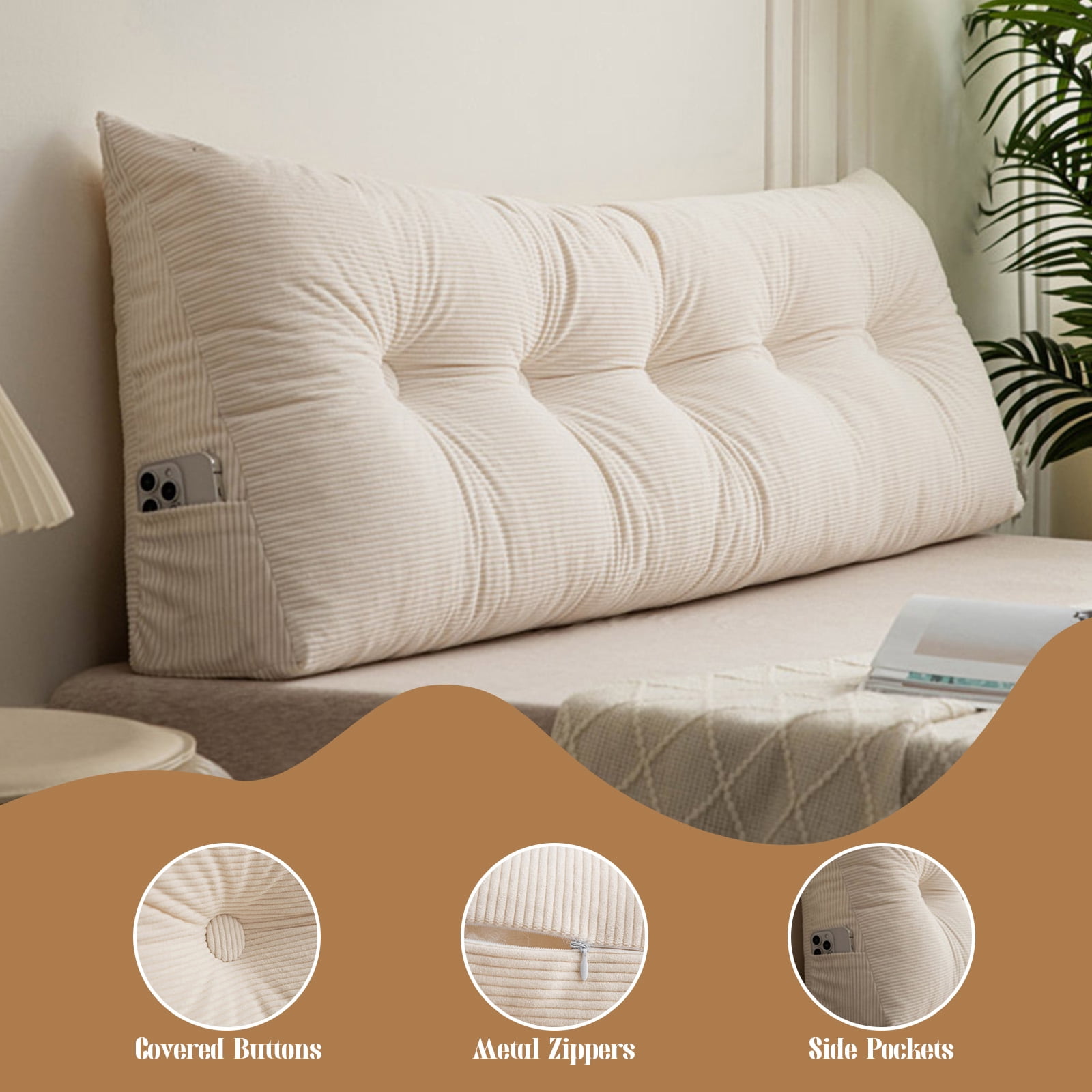 VEGCOO Triangular Headboard Pillow Twin XL for College Dorm - 39 *4.7 * 15.7 in Bed Wedge Backrest Cushion - Removable Washable Cover Bolster Pillow for Daybed & Reading - Cream White