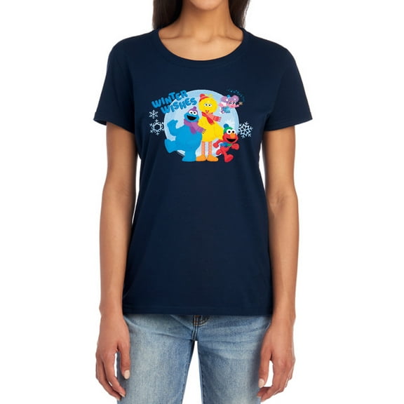 Sesame Street Winter Wishes Elmo, Cookie Monster, Big Bird Women's T Shirt, Navy, X-Large