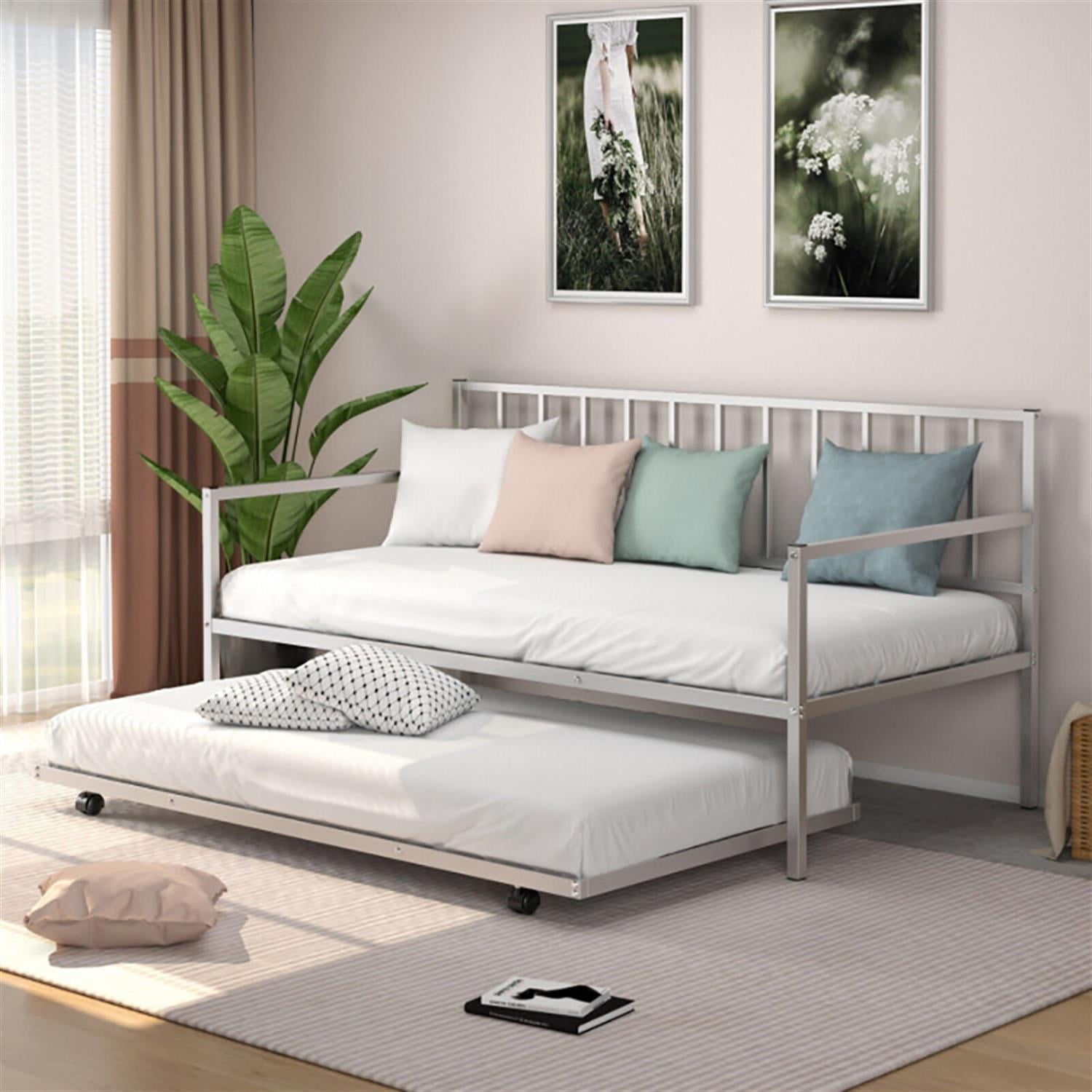 Demi Bonn Twin Size Daybed and Trundle Frame Set Trundle Bedframe, Modern Bed Frame for Teens, Silver