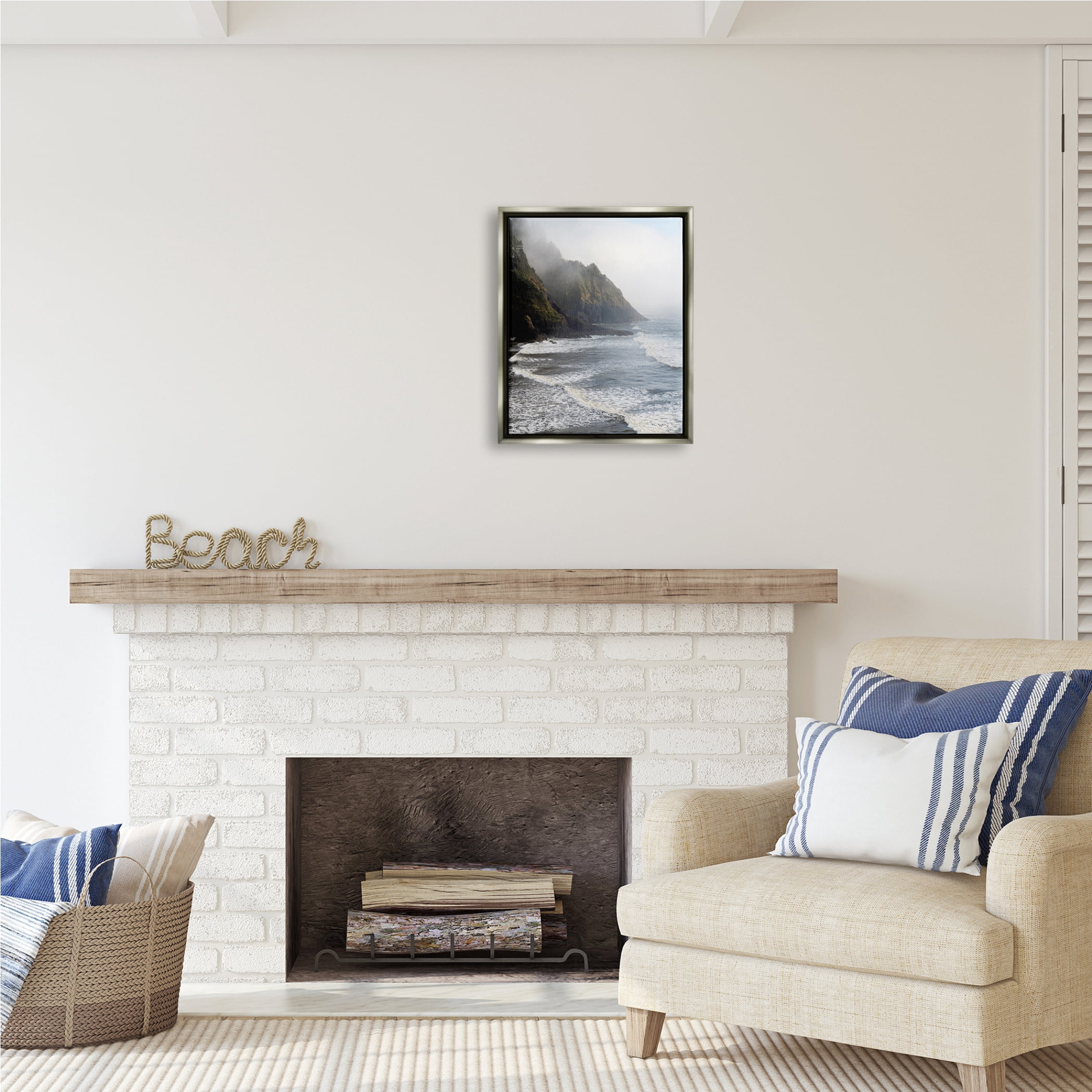 Stupell Industries Cliffside Sea Waves Landscape Nature Photography Gray Floater Framed Art Print Wall Art, 17 x 21