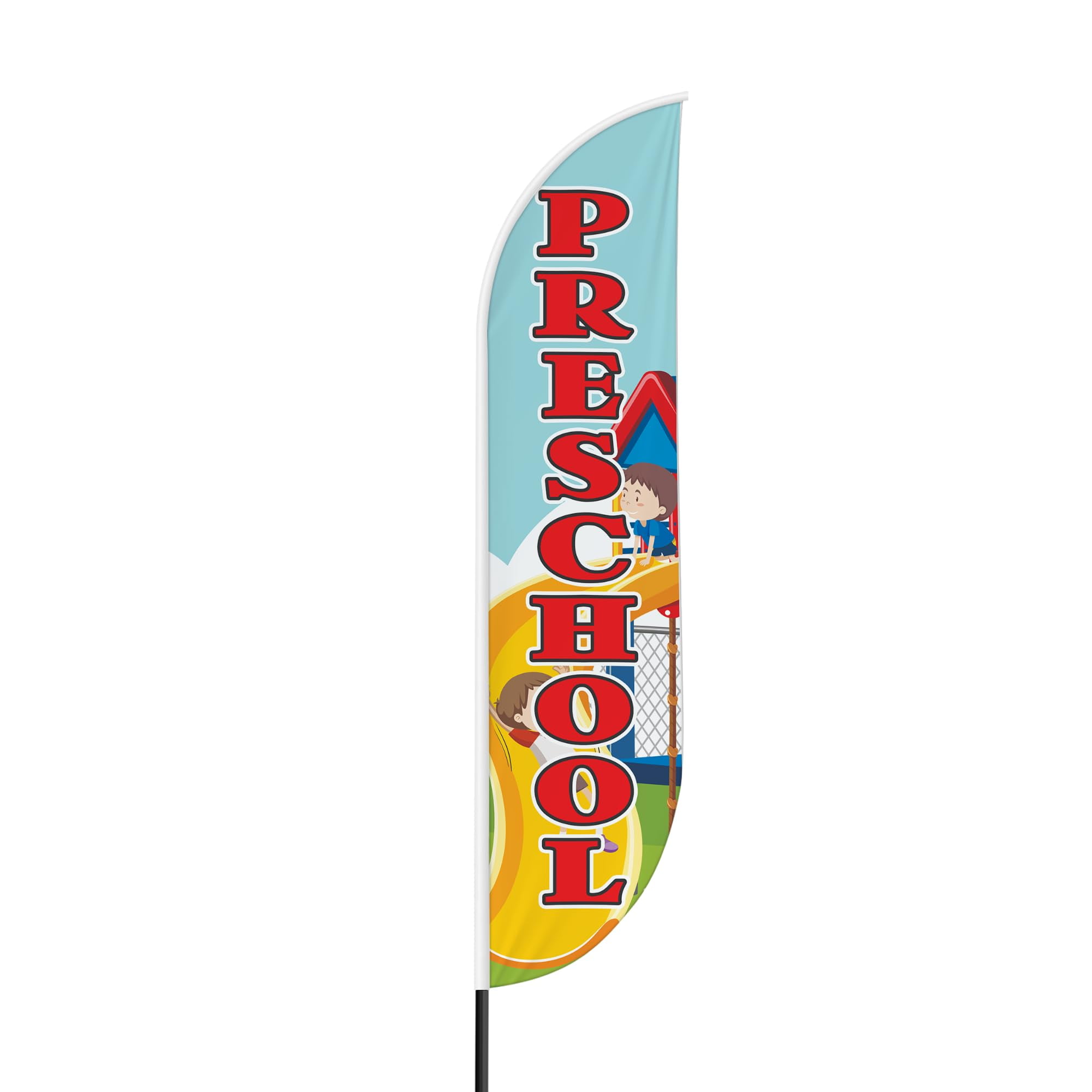Preschool Sign feather flag Pole Mount for Outdoor by Mavis Print | 15 FEET Long Outdoor Banner Flag Mount for Easy Hang | HD Print Swooper Flag Stand forPreschool Advertising | Made in USA