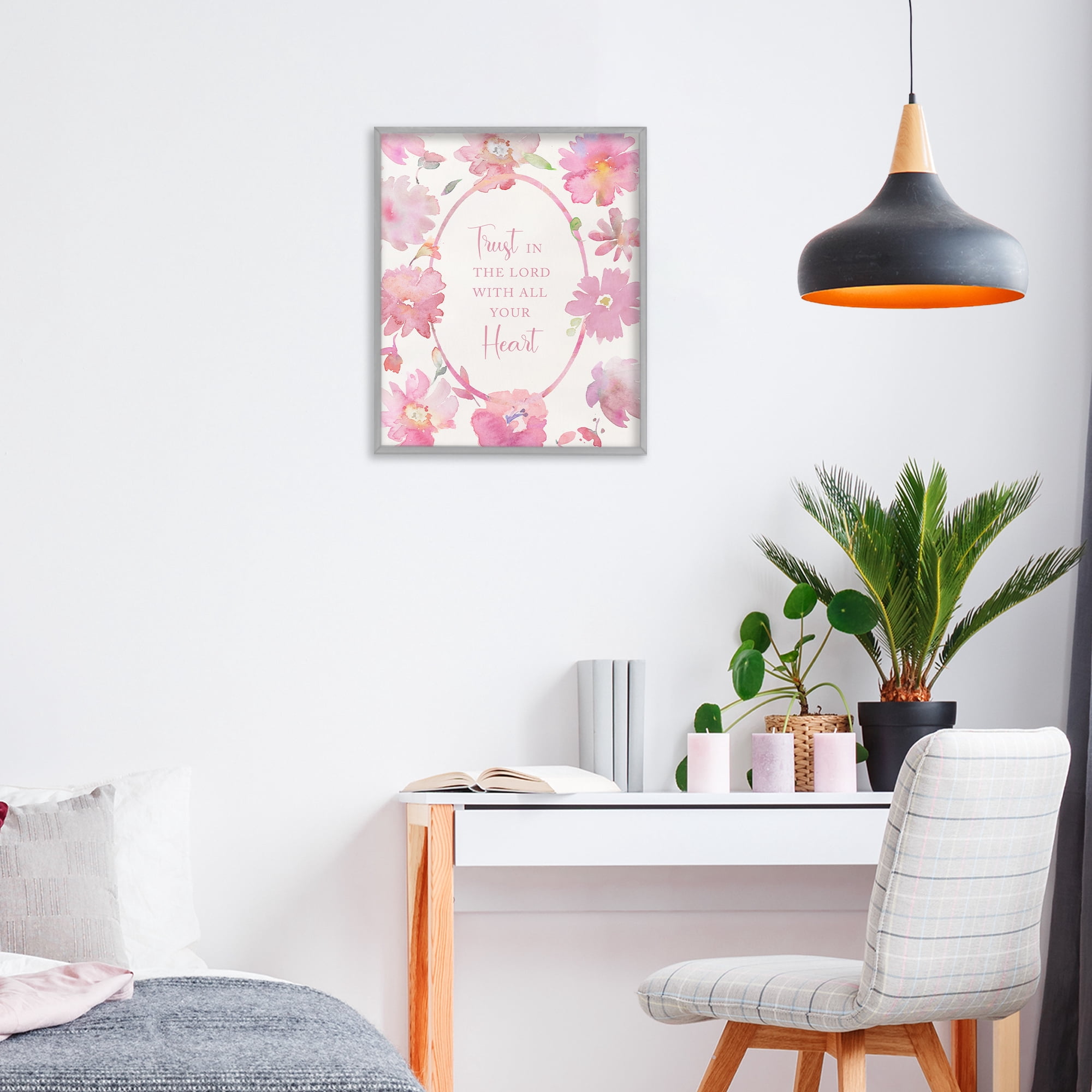 Stupell Industries Trust In The Lord Pink Blooms Gray Framed Giclee Art, design by Theresa Heidel