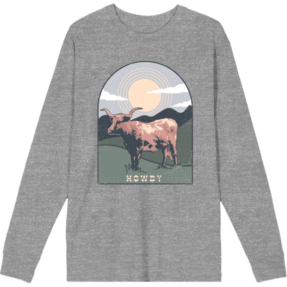 Western Howdy Cow Crew Neck Long Sleeve Heather Gray Adult Tee
-Medium