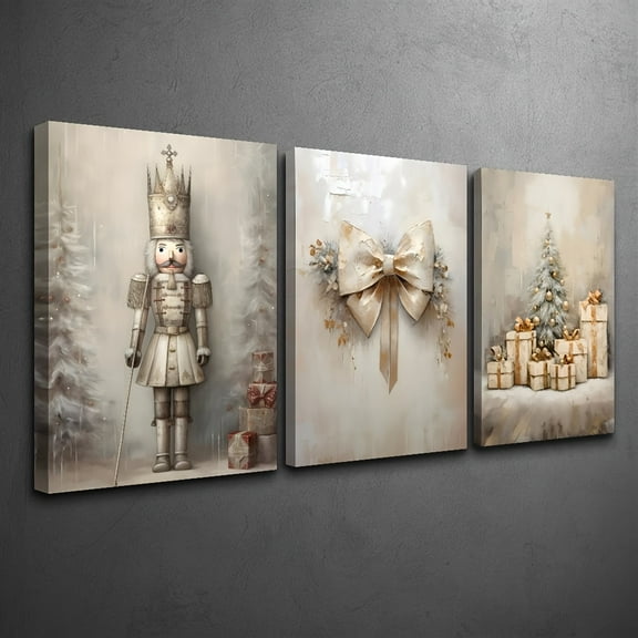2D Flat, 3pcs 2D Canvas Frameless Poster Print, Vintage Christmas Tree Wall Art, Nutcracker Christmas Print, Retro Bow, Home Decor Wall Art Painting, Festive Wall Prints, Seasonal Decor, Classic Hol
