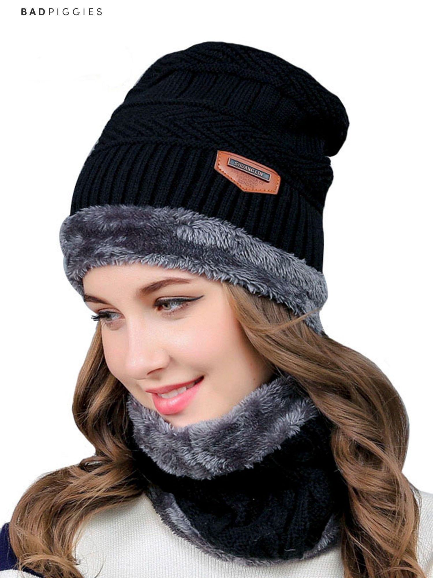 Gray Warm Knitted Hat with Circle Scarf Size: One Size Men/Women Unisex Winter Stretchy Knit Beanie Skull Cap Scarf Set Fleece Inner for Ski Indoors Outdoor Sports 