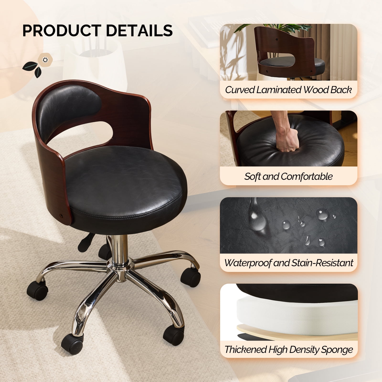 Ktaxon Office Computer Desk Chair with Rolling Wheels, Vanity Stool with Faux Leather Seat, Adjustable Task Chair for Study Make-up Dressing Black
