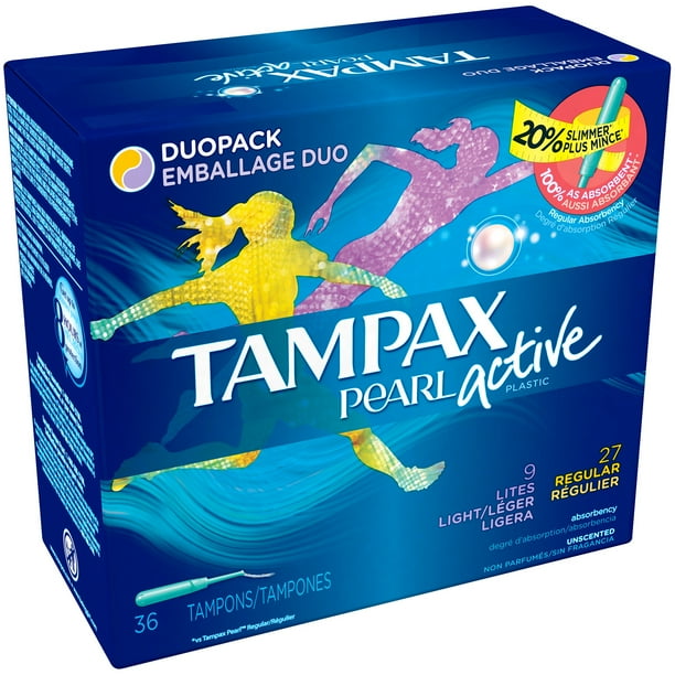 Tampax Pearl Active Light & Regular Unscented Plastic Tampons, 36 Count