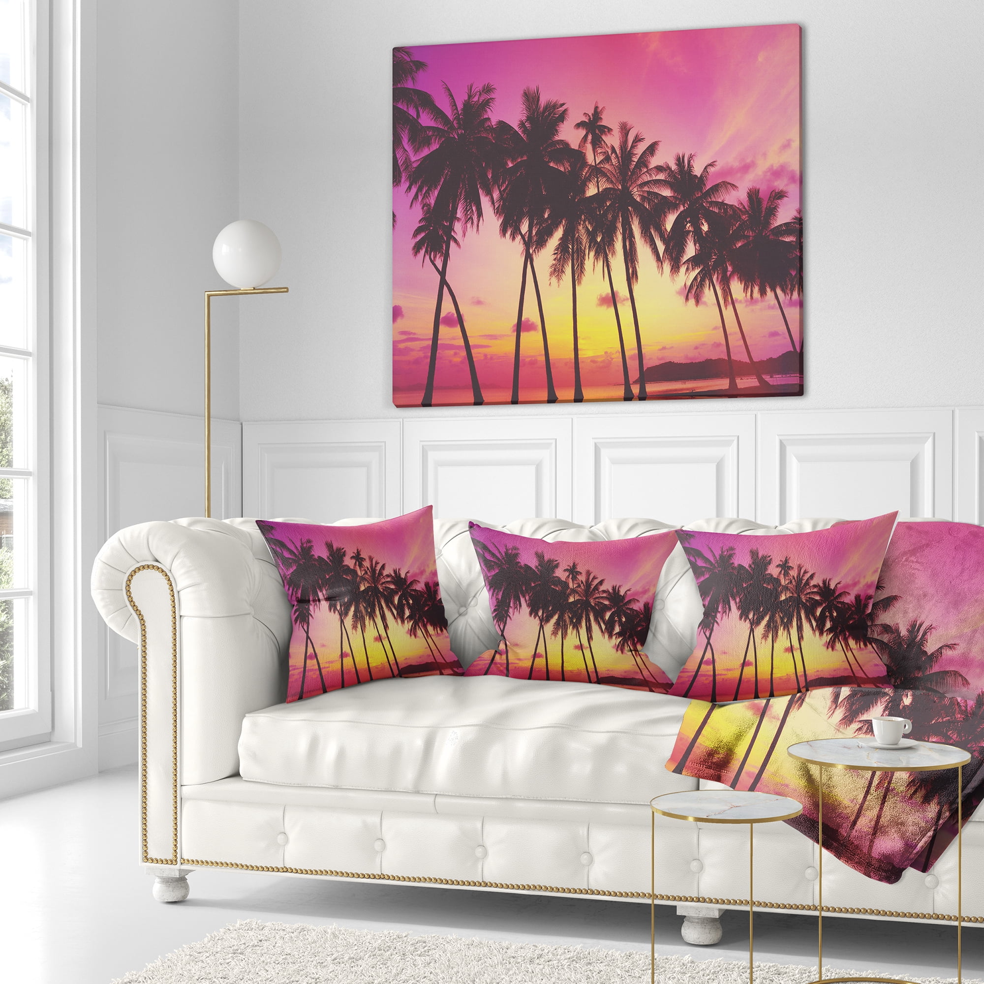 Designart Row of Beautiful Palms under Magenta Sky - Landscape Printed Throw Pillow - 18x18