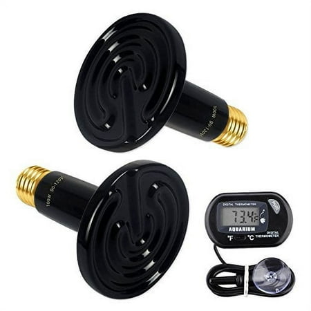 OMAYKEY 2-Pack 100W Ceramic Heat Lamp with 1-pcs Digital-Thermometer, Infrared Reptile Heat Emitter Heater Lamp Bulb for Pet Brooder Coop Chicken Lizard Turtle Snake Aquarium, No Light No Harm