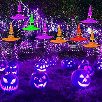 Onestmi Halloween Decorations Outdoor 6Pcs Hanging Lighted Glowing Witch Hat Tree Decorations,Glowing Witch Hats Halloween Party Lighting Hats Button Battery Powered for Tree Yard Garden
