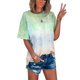 thumbnail image 1 of Camiseta de manga corta para mujer, cuello redondo, teñido anudado, estampado degradado, informal, de moda, camiseta de manga corta, verde, XL, 1 of 6