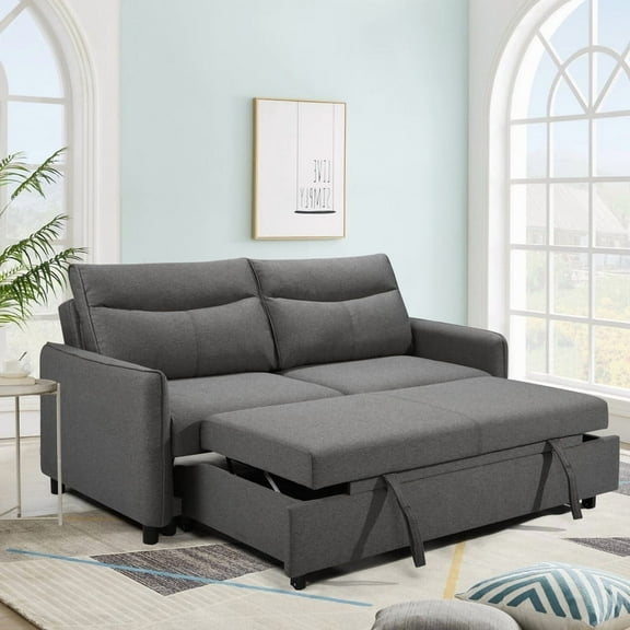 THSUPER 3 in 1 Convertible Sleeper Sofa Bed, Modern Fabric Loveseat Futon Sofa Couch w/Pullout Bed, Small Love Seat Lounge Sofa w/Reclining Backrest, Furniture for Living Room, Grey