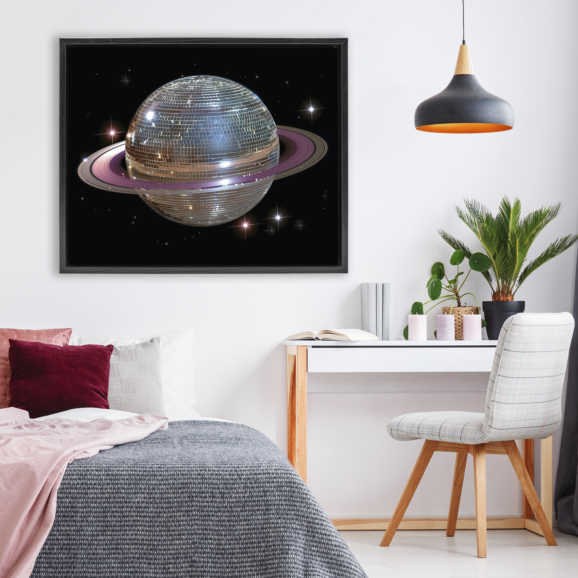 Purple Disco Ball Planet Black Framed Floater Canvas Wall Art, design by Decent Exposures