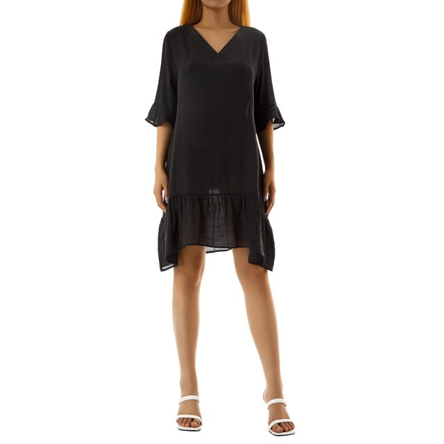 VISgogo Vestido tipo pareo para mujer, manga corta, cuello en V, liso, con volantes, suelto, informal, para playa, para verano VISgogo moda