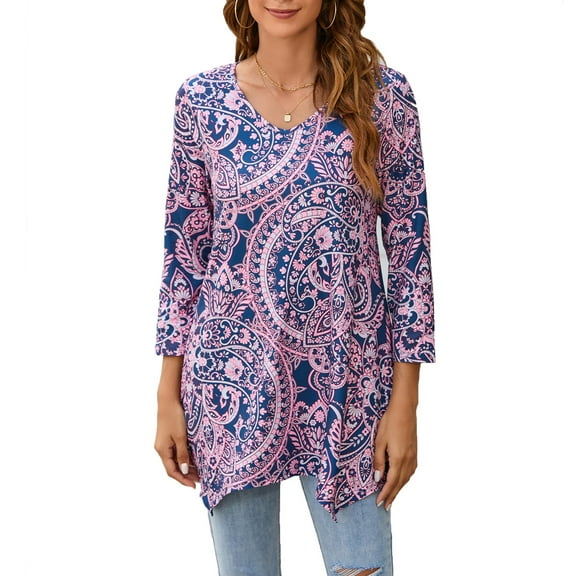 ENMAIN Womens Plus Size Tops 3/4 Sleeve Shirts V Neck Casual Pink Paisley Tunic Swing Flare Blouses