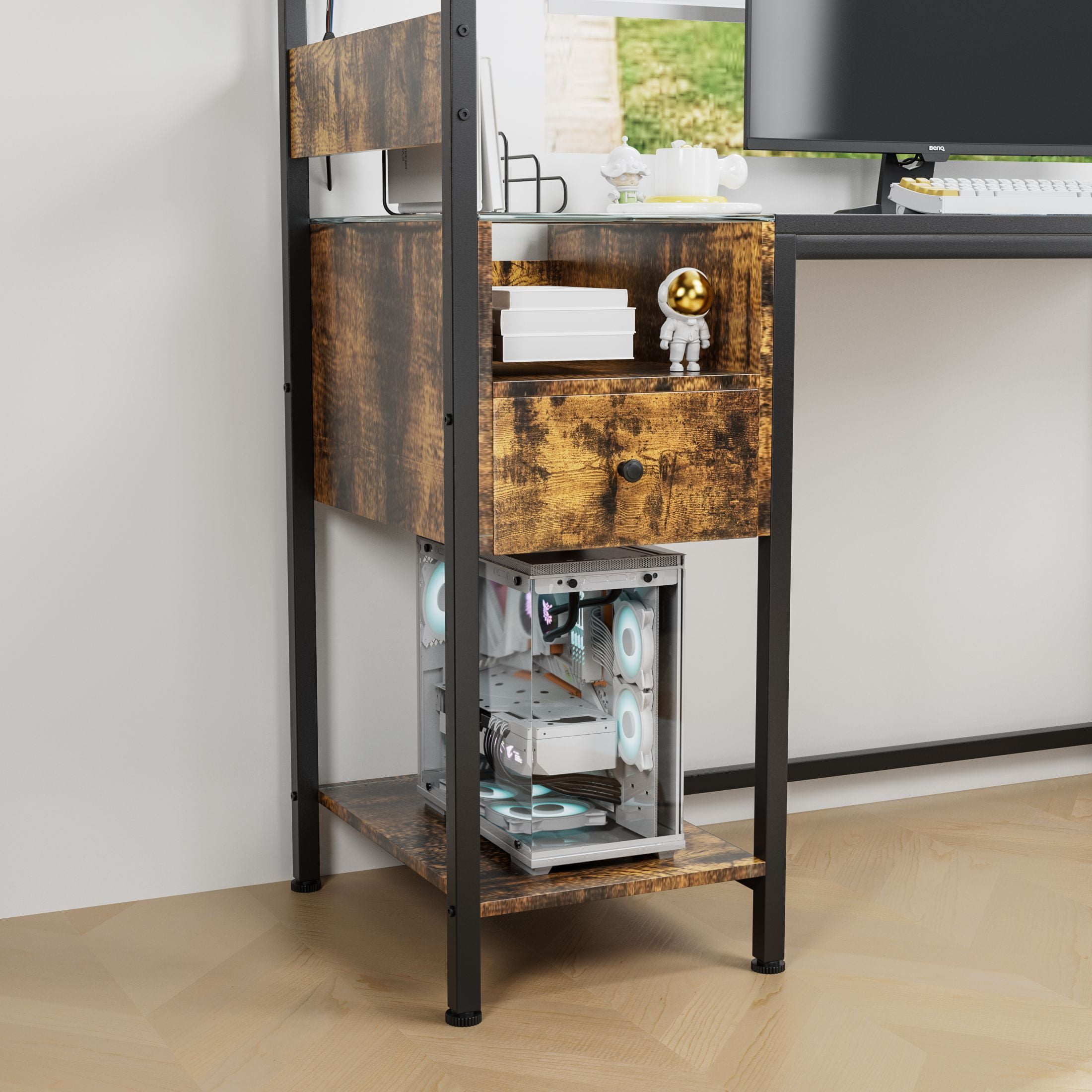 DEALTOPS Computer Desk with LED Lights, Gaming Desk with Reversible Shelves and Charging Station, Rustic Brown