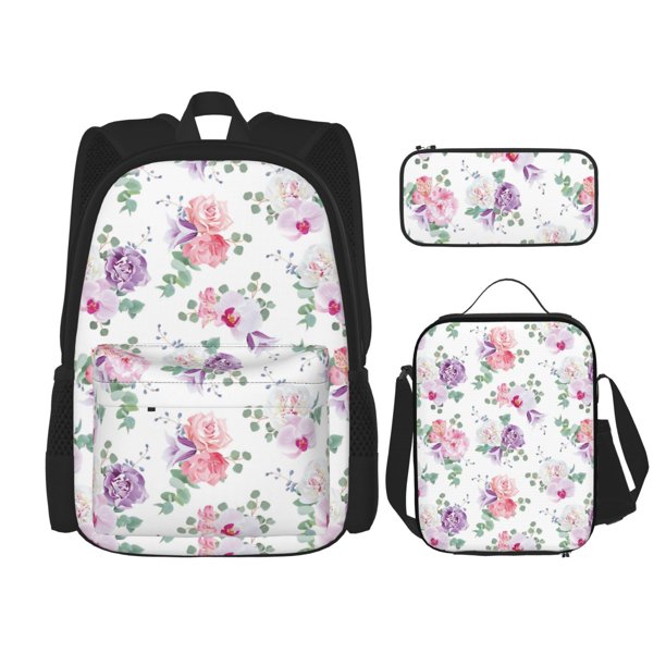Disketp Rose Flower B Mochila Estampada de Gran Capacidad con Lonchera y Estuche, Set de 3 Piezas para Estudiantes