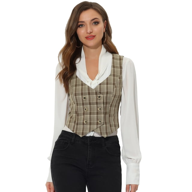 INSPIRE CHIC Chaleco a cuadros con doble botonadura para mujer, para trabajo, oficina, versátil, con espalda cruzada marrón L
