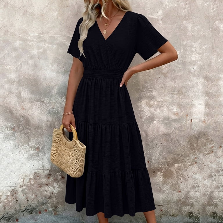 Karymi Spring Dresses V-Neck Fashion Long Solid Smock Trendy Comfy Pleated  Dress Slim Fit Height Enhancing Tunic Smock Dresses Date Night Elegant  Women Dresses - Walmart.com