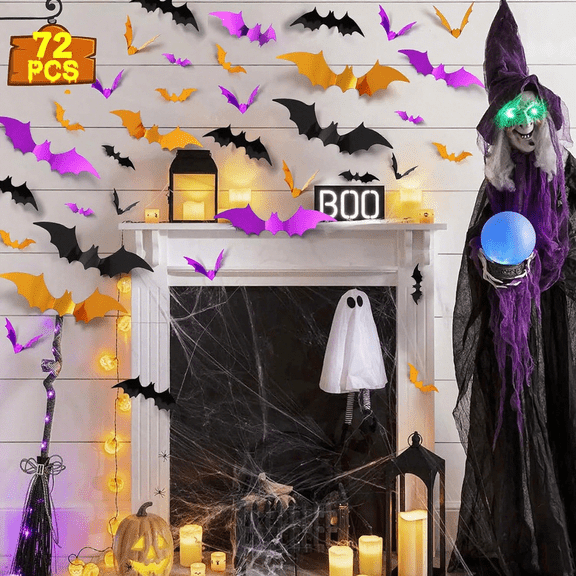 72PCS Halloween Bats Decoration, 4 Different Sizes Realistic PVC Black Purple and Orange 3D Bat Stickers for Wall Window Home Kitchen Scary Decor