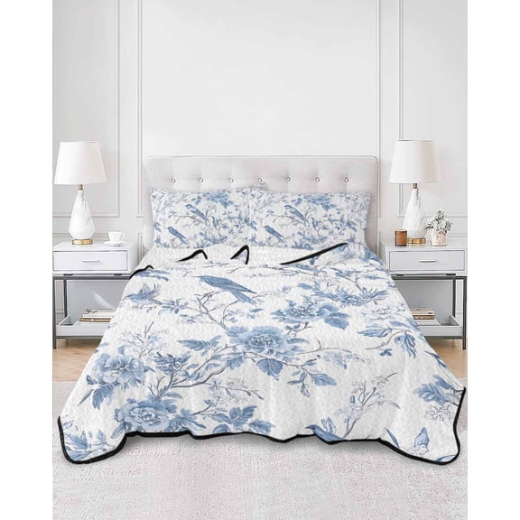 Quilts Twin XL Size, White Blue Spring Floral Soft Comforter Bedding Set for Bed, Summer Birds Botanical Lightweight Quilted Bedspread with Pillow Cover(2 Pieces) for All Season, 68x98 Inch