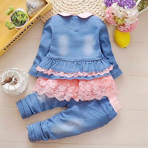 Peacolate 6M-4Years Spring Autumn Baby Girls Sets Denim 3 Pcs Clothes Long Sleeve T-Shirt Denim Jacket and Jeans,Orange Lace,2-3Years