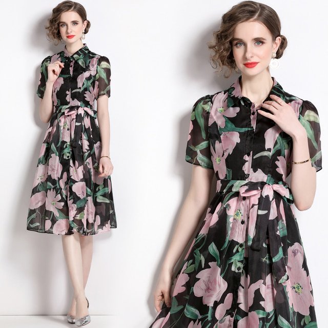 Dropshipping Nouvelle Robe Midi Décontractée d'Été Automne Imprimé Fruits Nœud Papillon Col Foulard Manches 3/4 Taille Empire Femmes Soirée Plage
