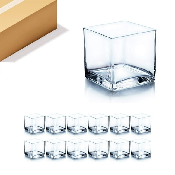 WGV Cube Glass Vase Bulk, Candle Holder, 4"x4"x4", Clear Elegant Floral Accent Container Planter Terrarium Storage for Wedding Party Ceremony Event Office Home Decor, 12 Pieces