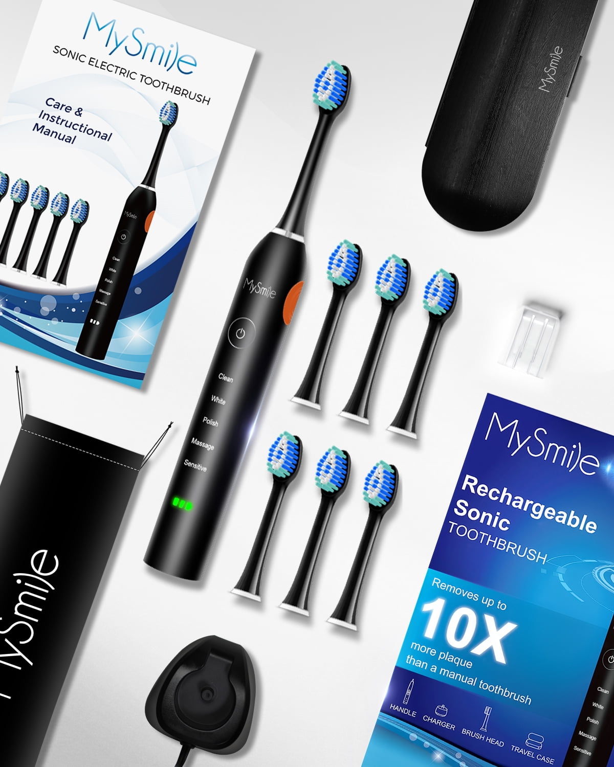 MySmile Rechargeable Sonic Electric Toothbrush for Adults, Enamel Safe Toothbrush, 6 Replace Heads 5 Deep Cleaning Modes, Black