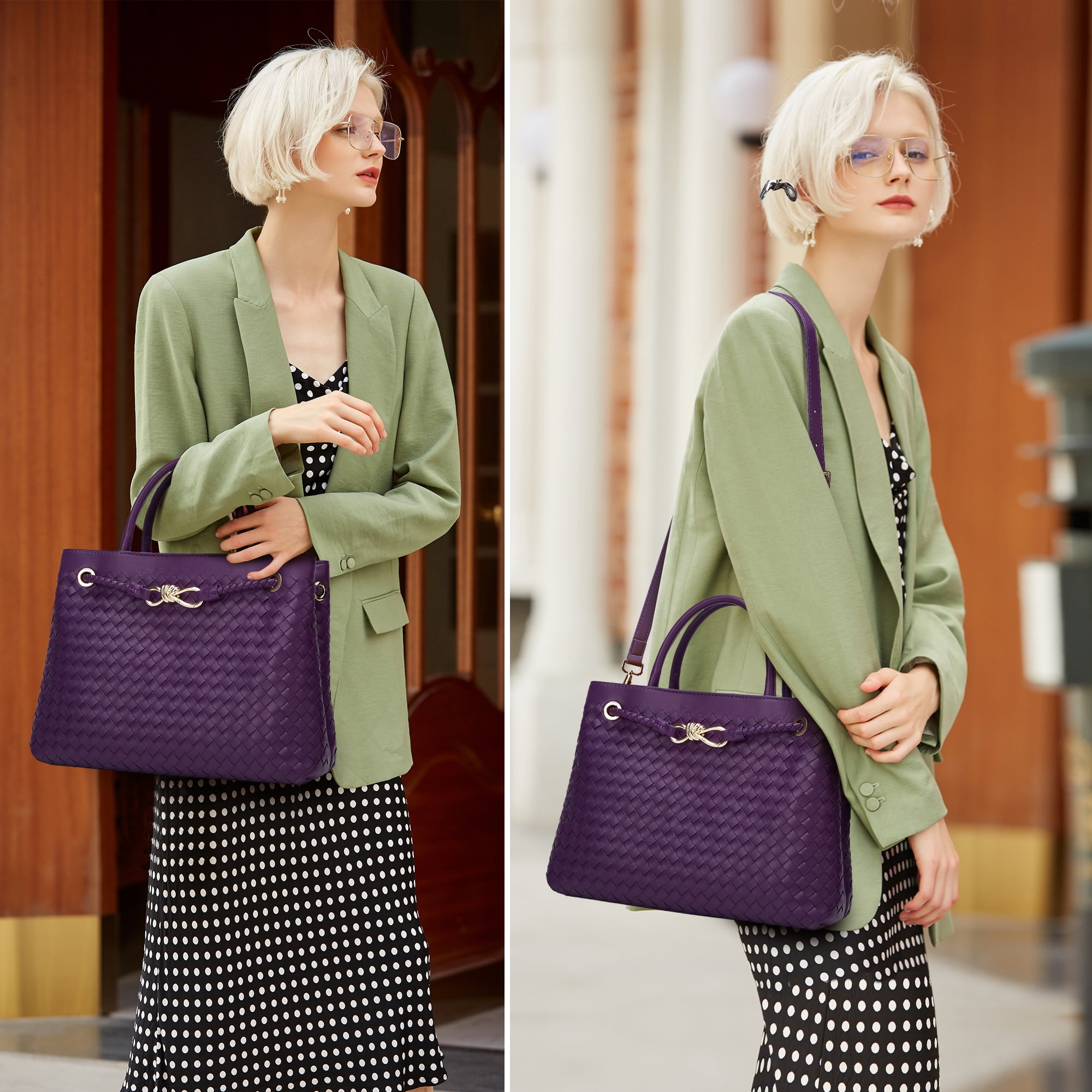 Woven Bag for Women Shoulder Purse: Vegan Leather Handbag - Handmade Tote Bag - Elegant Satchel Bag with Bowknot (Purple Color)