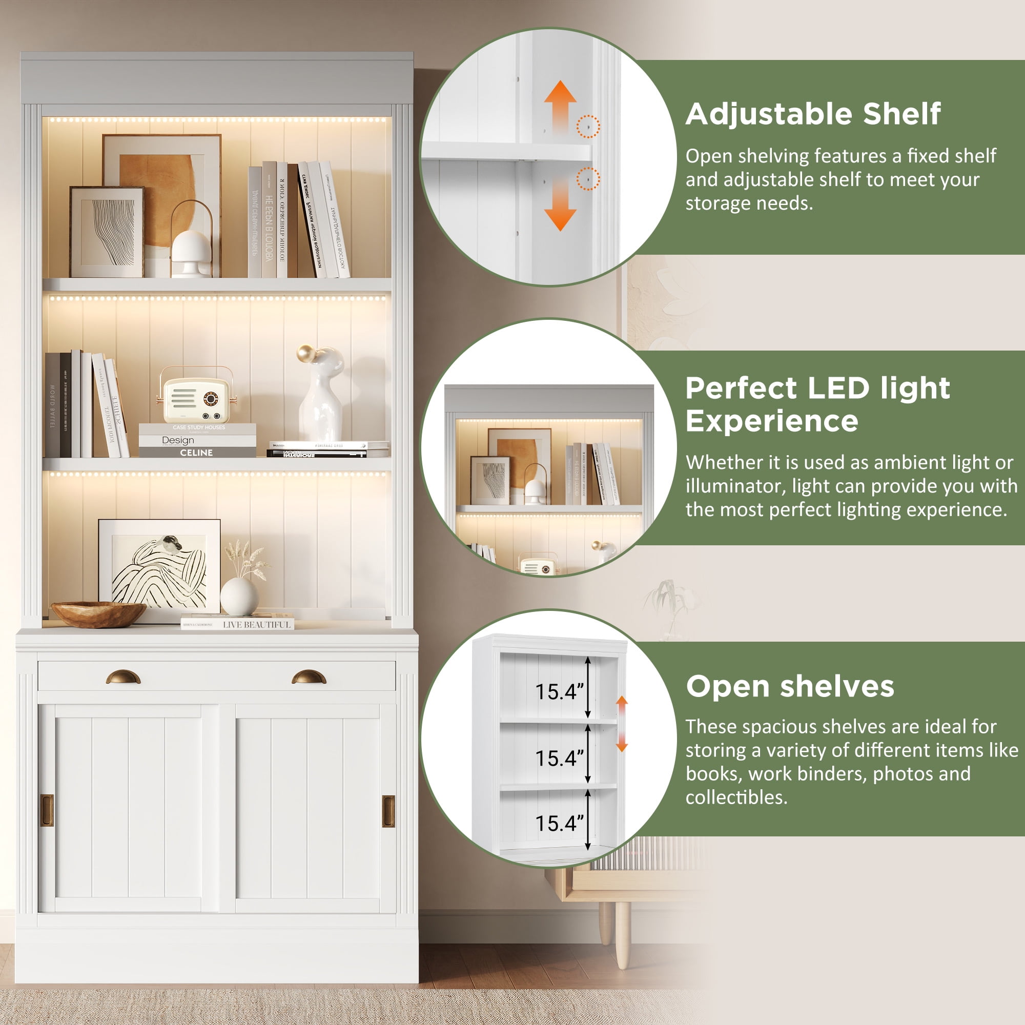 Euroco 83.4"Tall Bookshelf with 3-layer LED Lightings, Modern Bookcase with Sliding Doors and Open Shelves,Storage Bookshelf for Living Room,Home Office,White