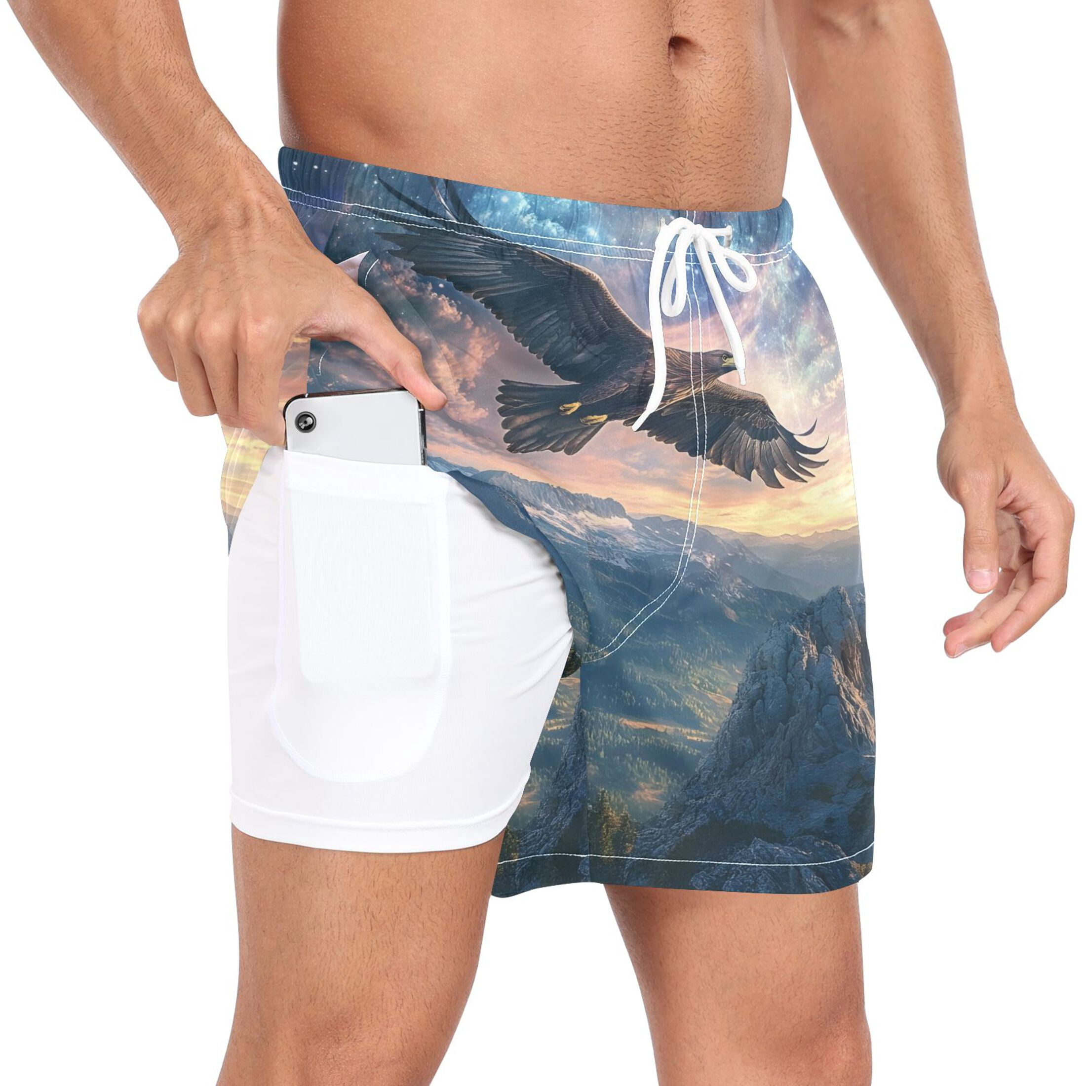 joogoo Men's Eagle Swim Trunks with Liner Pocket Beach Shorts XX-Large
