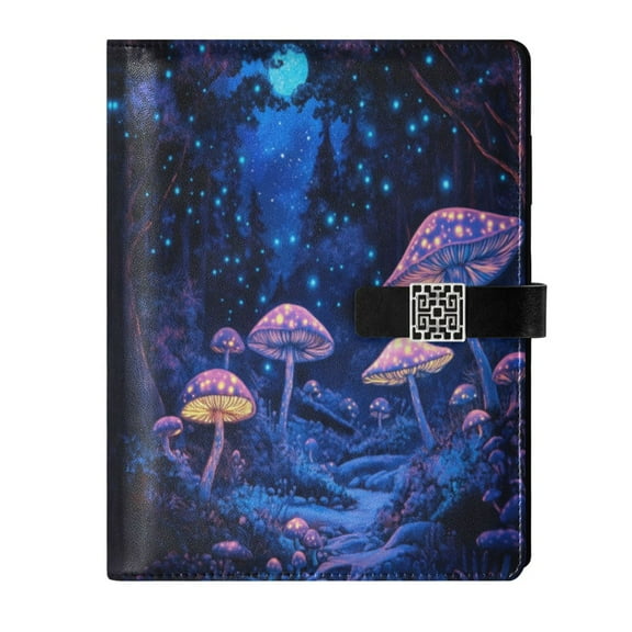 9.2x6.7 inch Leather Notebook 100 Sheets, Multi-Pocket Design & Pen Loop Bioluminescent Mushrooms Refillable Journal Organizer