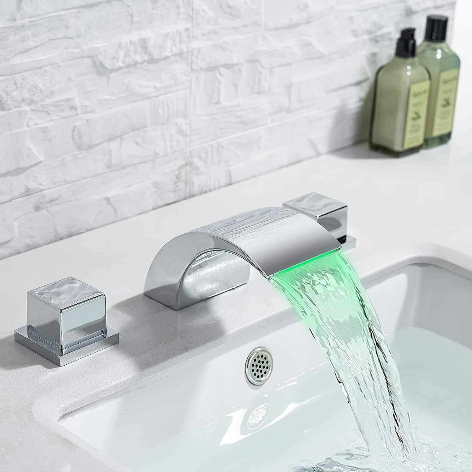 3Colors LED Waterfall Widespread Tub Basin Faucet Bathroom Mixer Sink Tap