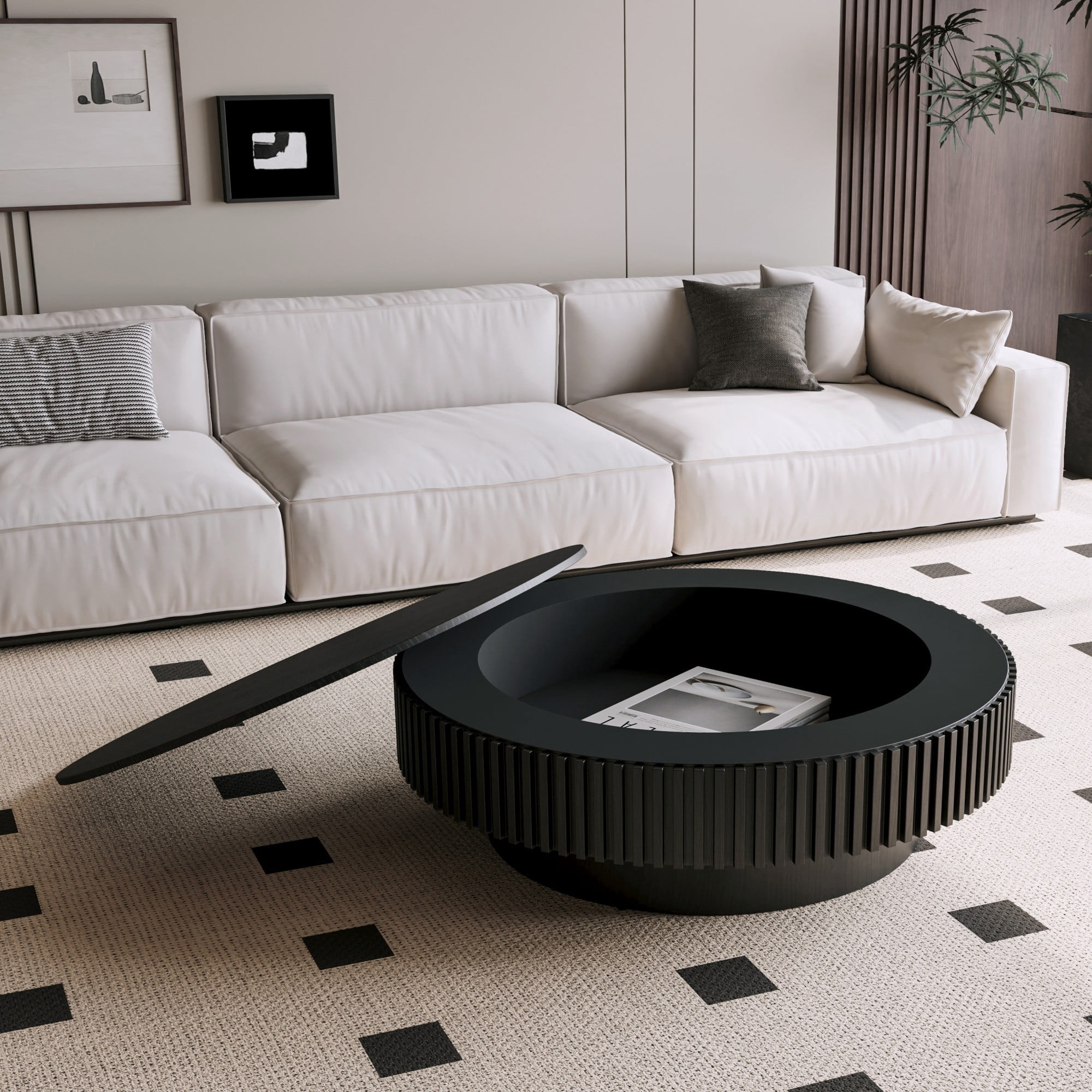 39.37" Round Coffee Table with Storage, Fluted Modern Coffee Table with Hidden Storage, Wood Veneer Center Table for Living Room, Black