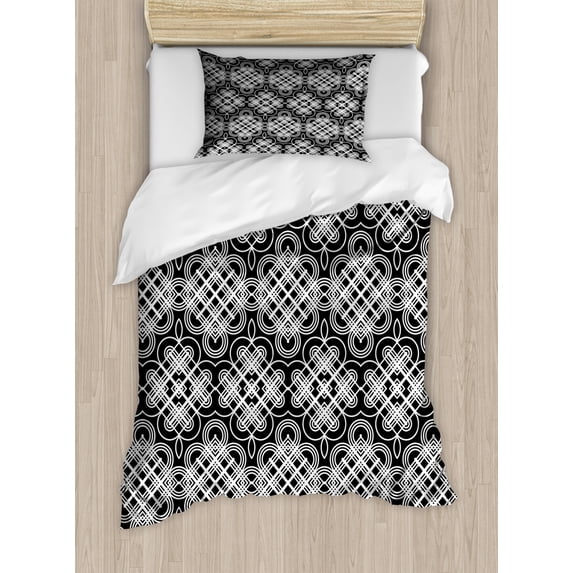 Trellis Duvet Cover Set Twin Size, Illustration of Flourishes and Squares with Stripes Vintage Feels, Decorative 2 Piece Bedding Set with 1 Pillow Sham, Charcoal Grey and White, by Ambesonne