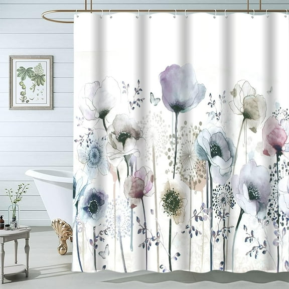 Floral Shower Curtains for Bathroom, Blue Watercolor Shower Curtain, Farmhouse Bathroom Curtain Decoration, Waterproof Fabric Shower Curtain Liner Set Machine Washable 72x72 Inch (with 12 Hooks)
