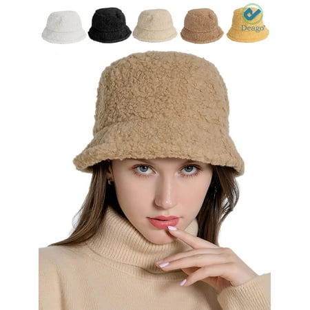 Deago Women Winter Bucket Hat Vintage Cloche Hats Warm Faux Fur Wool Outdoor Fisherman Cap (Khaki)