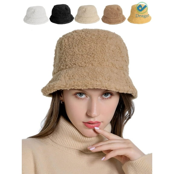 Deago Women Winter Bucket Hat Vintage Cloche Hats Warm Faux Fur Wool Outdoor Fisherman Cap (Khaki)