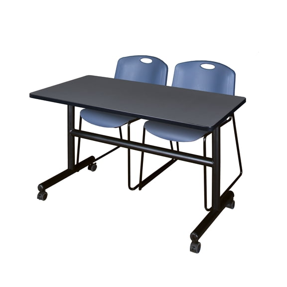 Regency Kobe 48 x 30 in. Flip-Top Training Nesting Table- Grey, 2 Zeng Stack Chairs- Blue