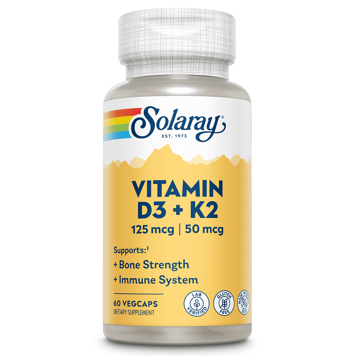 SOLARAY Vitamin D3 K2 - Bone Health and Immune Support Supplement - With 5000 IU Vitamin D as Vit D3 and 50 mcg Vitamin K2 as Menoquinone MK7, Made Without Soy, 60-Day Guarantee (60 Servings, 60 VegCaps)