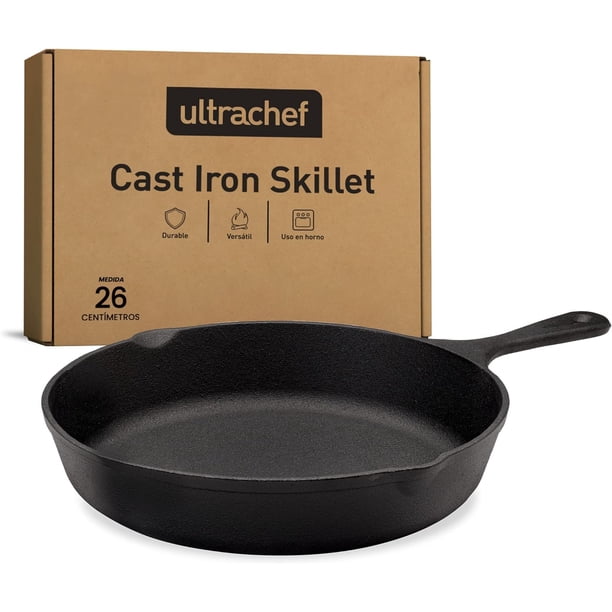 Ultrachef Juego de 3 Sartenes de Hierro Fundido con Mango Largo, Previamente Curado, Cast-Iron Skillet, Set de 3 piezas (6", 8" y 10"), Negro