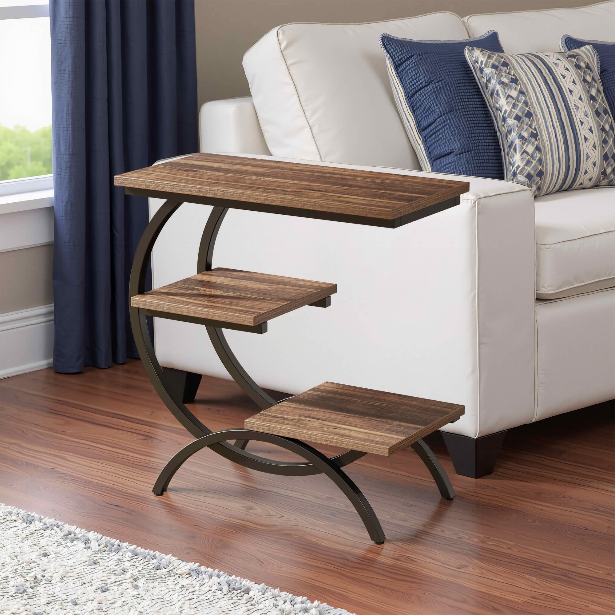 MAYEERTY C-Shaped 3-Tier Industrial End Table, Rustic Brown Particle Board Black Metal Frame Adjustable Feet Small Space Side Table