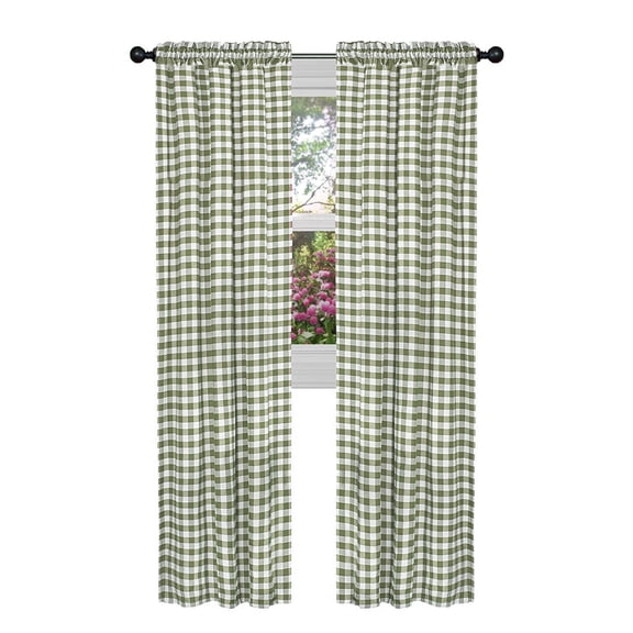 2 Pack Country Farmhouse Basic Plaid Checkered Window Curtains - Sage Green, 95 in. Long