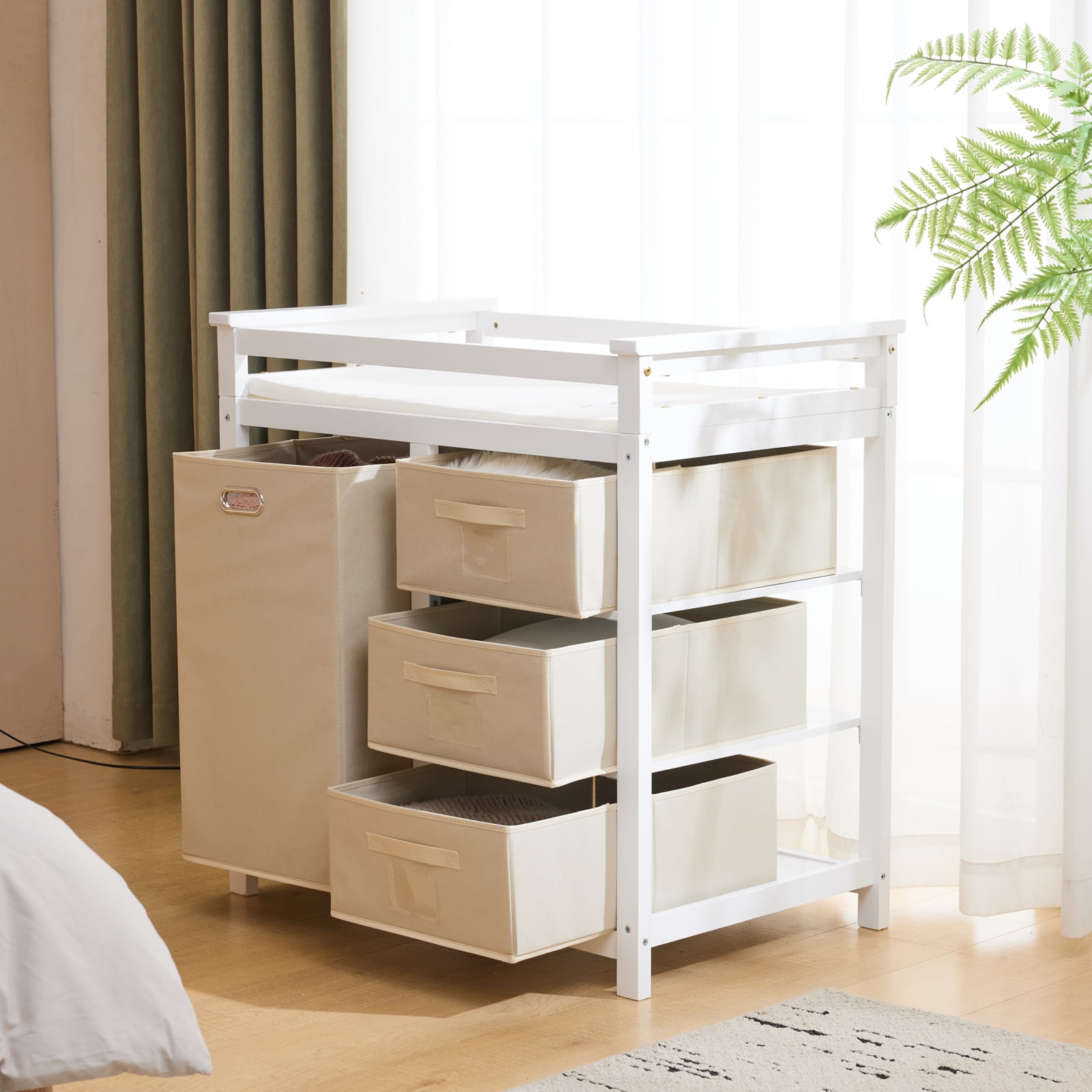 Zimtown Baby Changing Table,Dresser Baby Diaper Changing Station with Laundry Hamper,Infant Nursing Table with 3 Storage Drawers,Removable Safety Rail & Strap for Bedroom,White