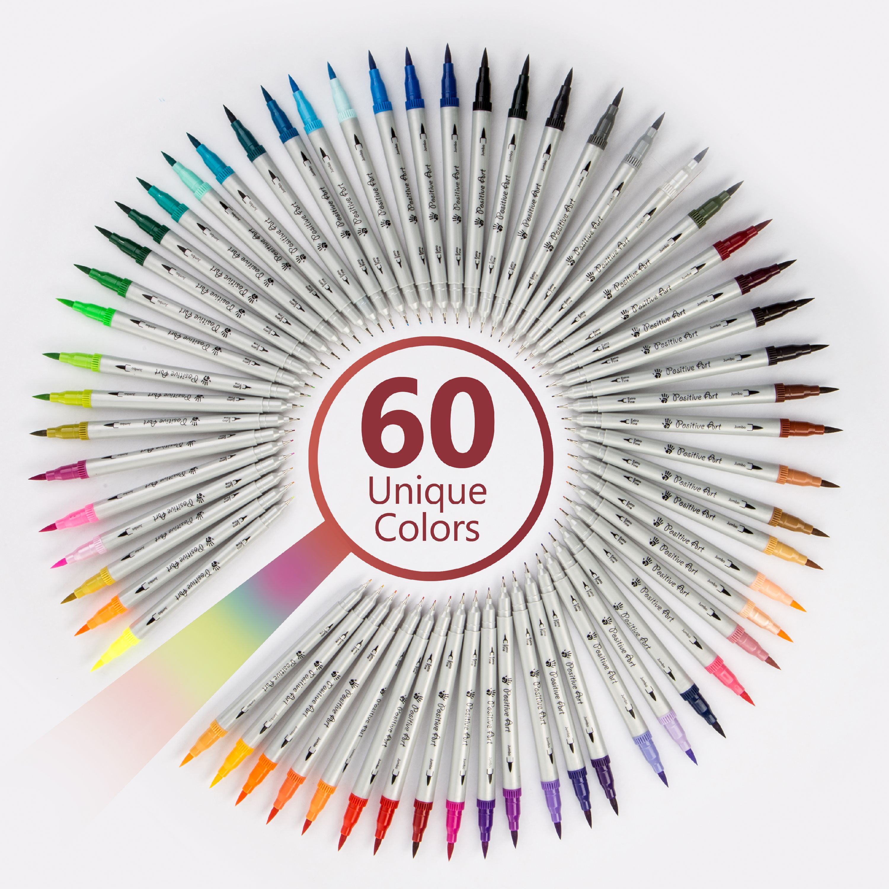 Dual Tip Brush Pens 60 Unique Colors By Positive Art: Wide Variety Of  ColorsFor All Arts And Crafts, Ultra Fine And Jumbo Tip, With Color Chart  And Stickers In Storing Case 