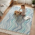 thumbnail image 6 of Kitchen Runner Rugs, Coastal Blue Gradient Stripe 3'x5' Throw Rug with Tassels, Modern Ocean Wave Line Washable Soft Floor Carpet Runner for Hallway Bedroom Bathroom Laundry Room, 6 of 9