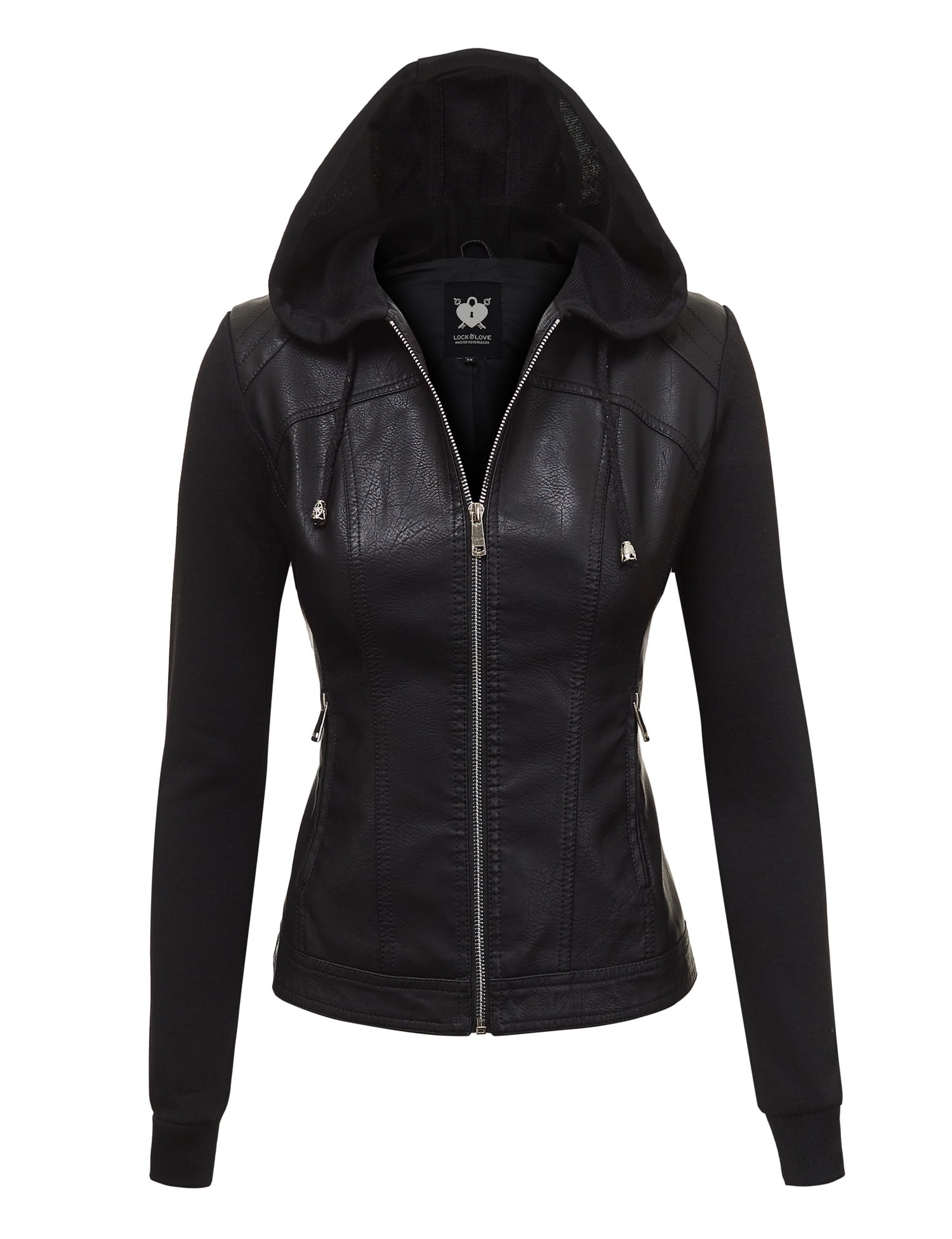 Made by Johnny Women's Faux Leather Zip Up Moto Biker Jacket with Hoodie XXL BLACK_BLACK