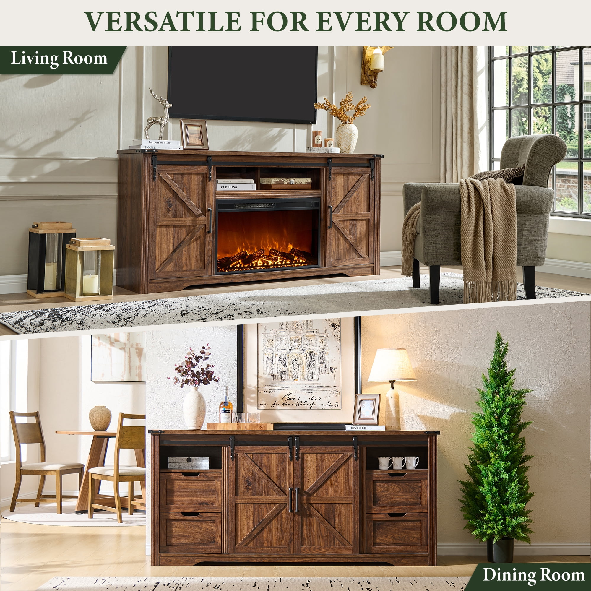 IFMUST Farmhouse Fireplace TV Stand for TVs up to 80", 30" Electric Fireplace & Barn Door
